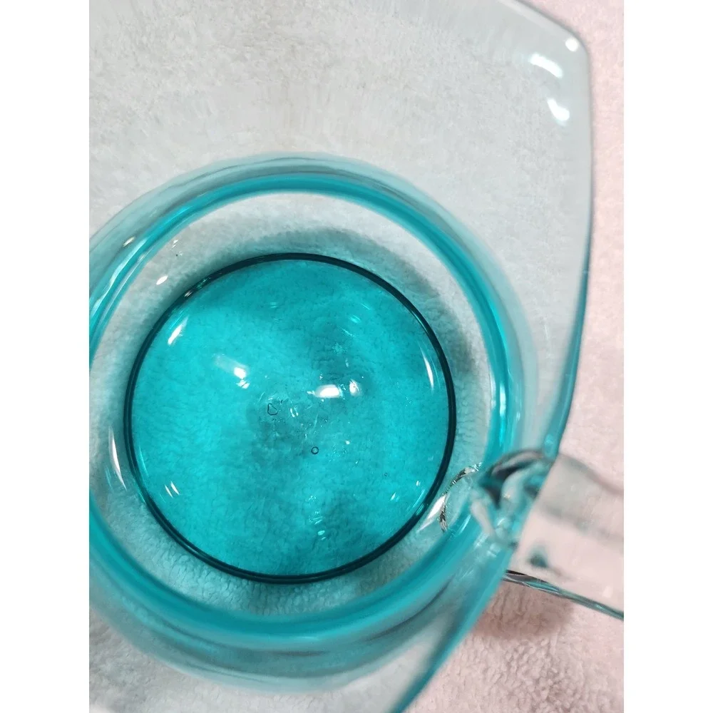 Vintage~MCM~Blue~Pitcher-Squatty~Flat Bottom~Clear Handle~ Squared Top~Beautiful